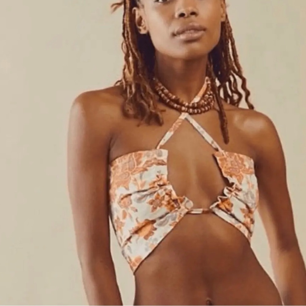 Free People Floral Halter Bra - Orange and Cream